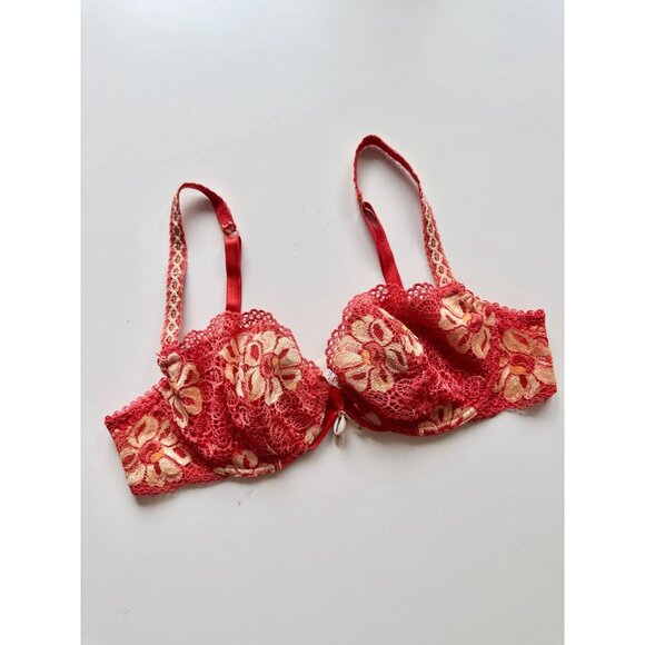 LEJABY Red Orange Yellow Floral Lace Seashell Charm Demi Bra, Size 34C - Picture 2 of 13